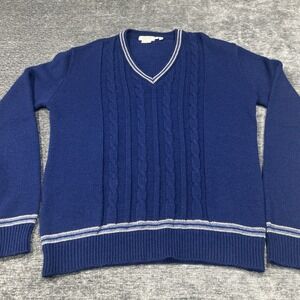 Vintage JaySport V Neck Cable Knit Sweater Mens L Tall Blue Wool‎ Acrylic Brazil
